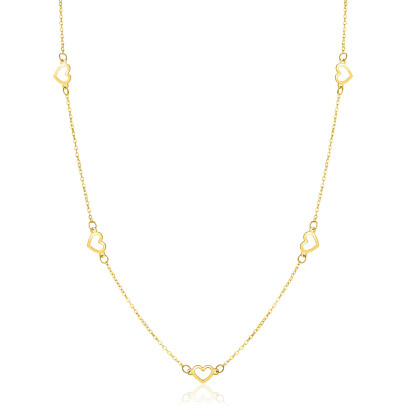 ZINZI Gold 14 krt gouden ketting met subtiele jasseron schakels en vijf open hartjes 5mm breed 42-45cm ZGC504
