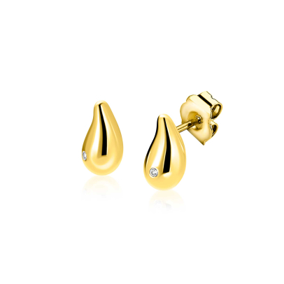 9mm ZINZI Gold 14 krt gouden oorstekers in organische druppelvorm, met witte zirconia ZGO558