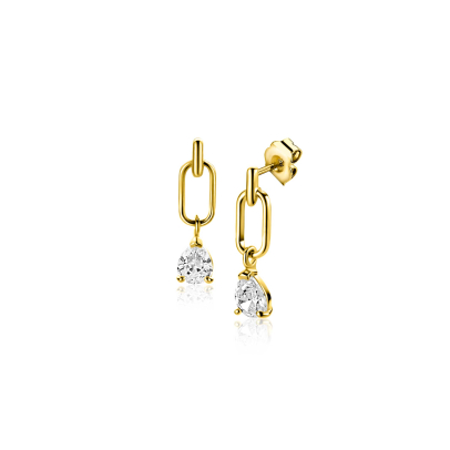 12mm ZINZI Gold 14 krt gouden oorstekers, open ovaal met peervormige witte zirkonia ZGO548