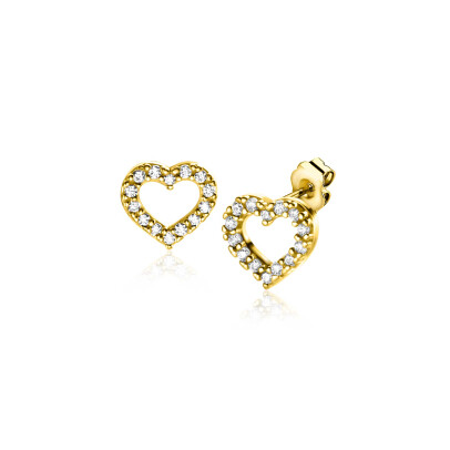 7mm ZINZI Gold 14 krt gouden oorknoppen open hartje bezet met witte zirconia's ZGO450
