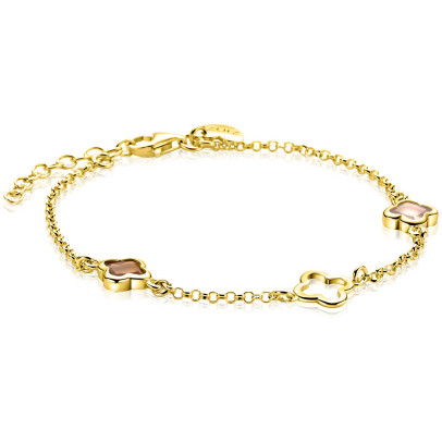 ZINZI gold plated zilveren armband met drie klavervormige zettingen met bruine kleurstenen ZIA2772