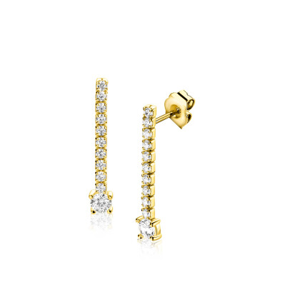 26mm ZINZI gold plated zilveren tennis oorstekers met een rijzetting witte zirkonia's in verschillende grootte ZIO2894Y