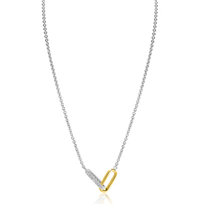 ZINZI zilveren schakelketting met twee verbonden ovale schakels: &eacute;&eacute;n gold plated, de ander bezet met witte zirkonia's 42-45cm ZIC2758