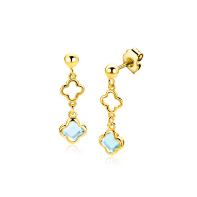 27mm ZINZI goldplated zilveren oorstekers met licht blauwe klavers en open klavers 8mm ZIO2906