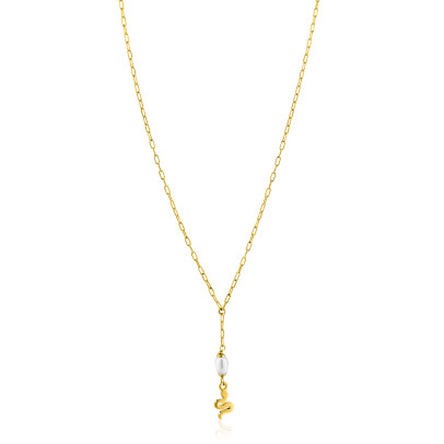 ZINZI gold plated zilveren paperclip Y-collier met witte zoetwaterparel en slang ZIC2761