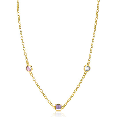ZINZI gold plated zilveren schakelketting met ronde en vierkante zettingen pastel en paars 42-45cm ZIC2525G
