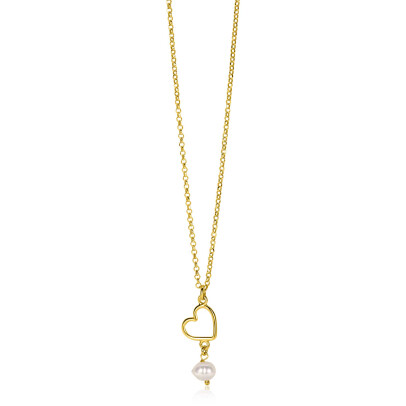 ZINZI gold plated zilveren ketting met open hartje en bungelend witte zoetwaterparel 40-45cm ZIC2642