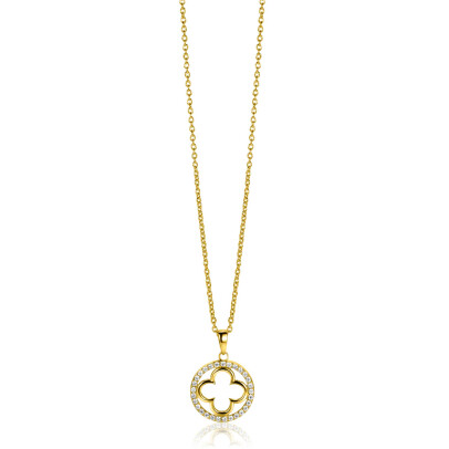 ZINZI gold plated zilveren anker ketting met luxe klaver hanger (15mm) rondom bezet met witte zirconia's 45-48cm ZIC2617Y