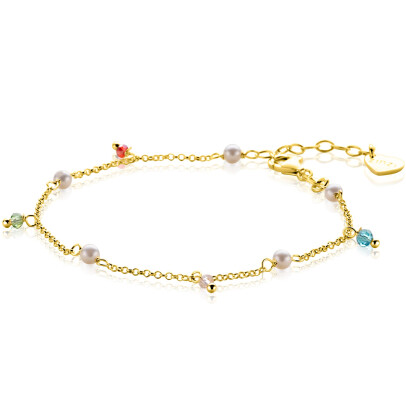 ZINZI gold plated zilveren armband met witte parels en bungelende beads (5,5 mm) in frisse kleuren 17-20cm ZIA2705G
