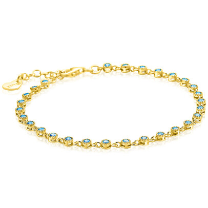 ZINZI gold plated zilveren armband met een speelse rij blauwe zirkonia’s in ronde zetting 3mm breed ZIA2893BG