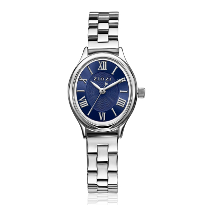 ZINZI Belle Ovale 26mm zilverkleurig horloge blauwe wijzerplaat en stalen schakelband, Japans uurwerk ZIW2955

