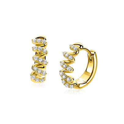 16mm ZINZI gold plated zilveren oorringen met een sierlijk open golvend design, bezet met witte zirkonia’s, luxe klapsluiting ZIO2877Y