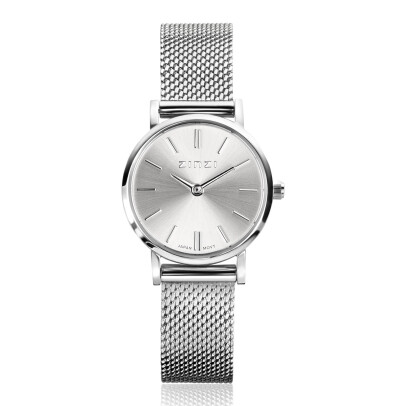 ZINZI Retro Mini horloge zilvergekleurde wijzerplaat, zilverkleurige kast en stalen mesh band, 24mm extra dun ZIW1802