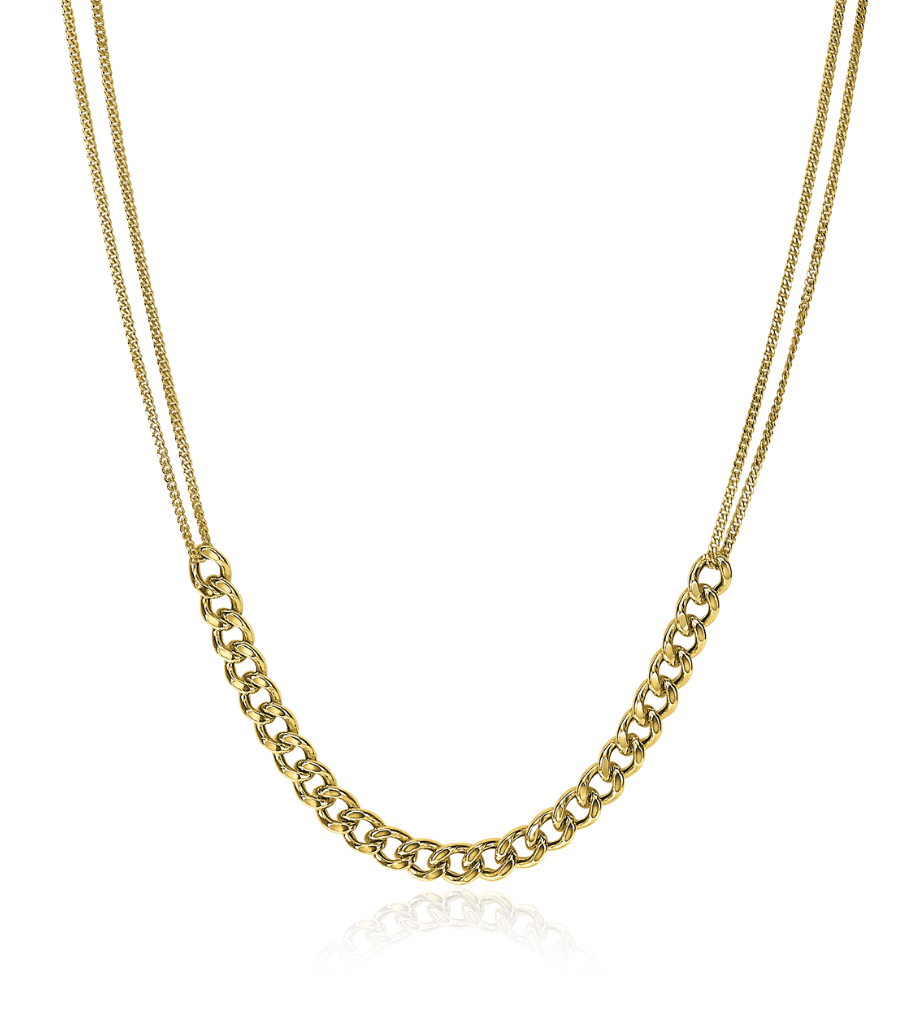 ZINZI zilveren multi-look ketting 14K geel verguld 45cm middenstuk brede gourmet schakels ZIC2185G