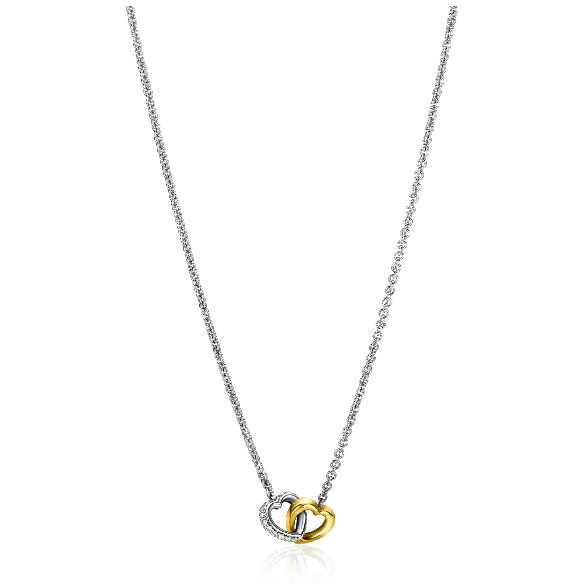 ZINZI zilveren collier bicolor schakel met twee harten verbonden 42-45cm ZIC2276