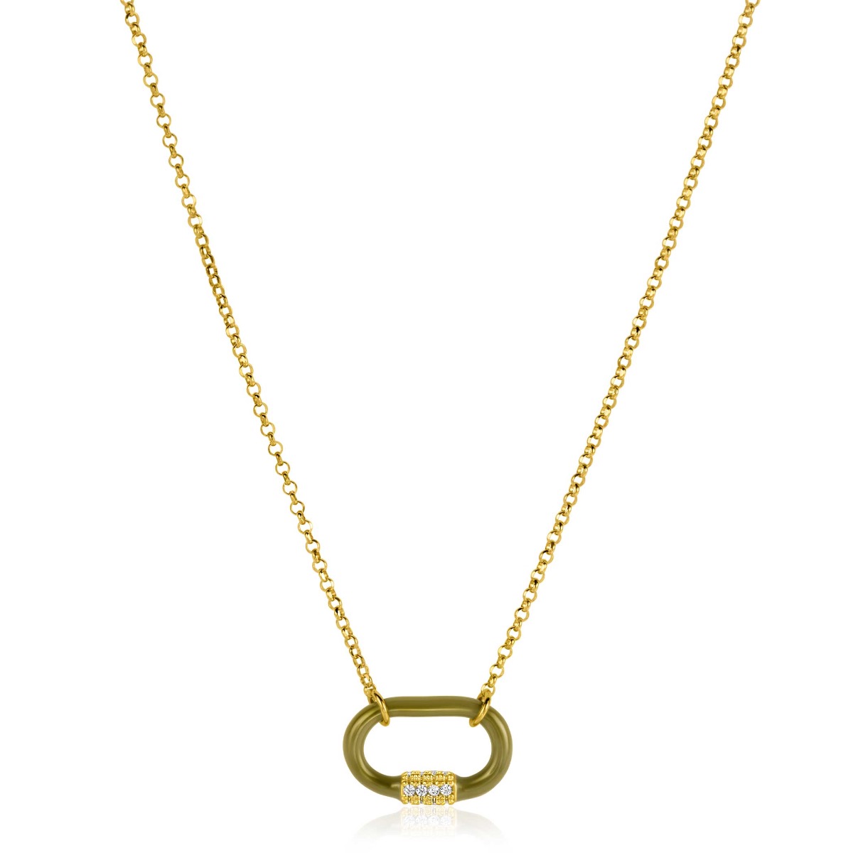 ZINZI gold plated zilveren schakelketting 45cm ovale hanger olijfgroen emaille en witte zirconia's ZIC2374