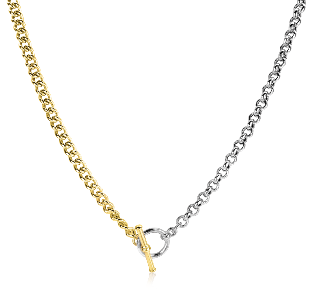 Zinzi zilveren bicolor ketting met trendy jasseron en gold plated gourmet schakels, met kapittel-sluiting 42-45cm ZIC2387