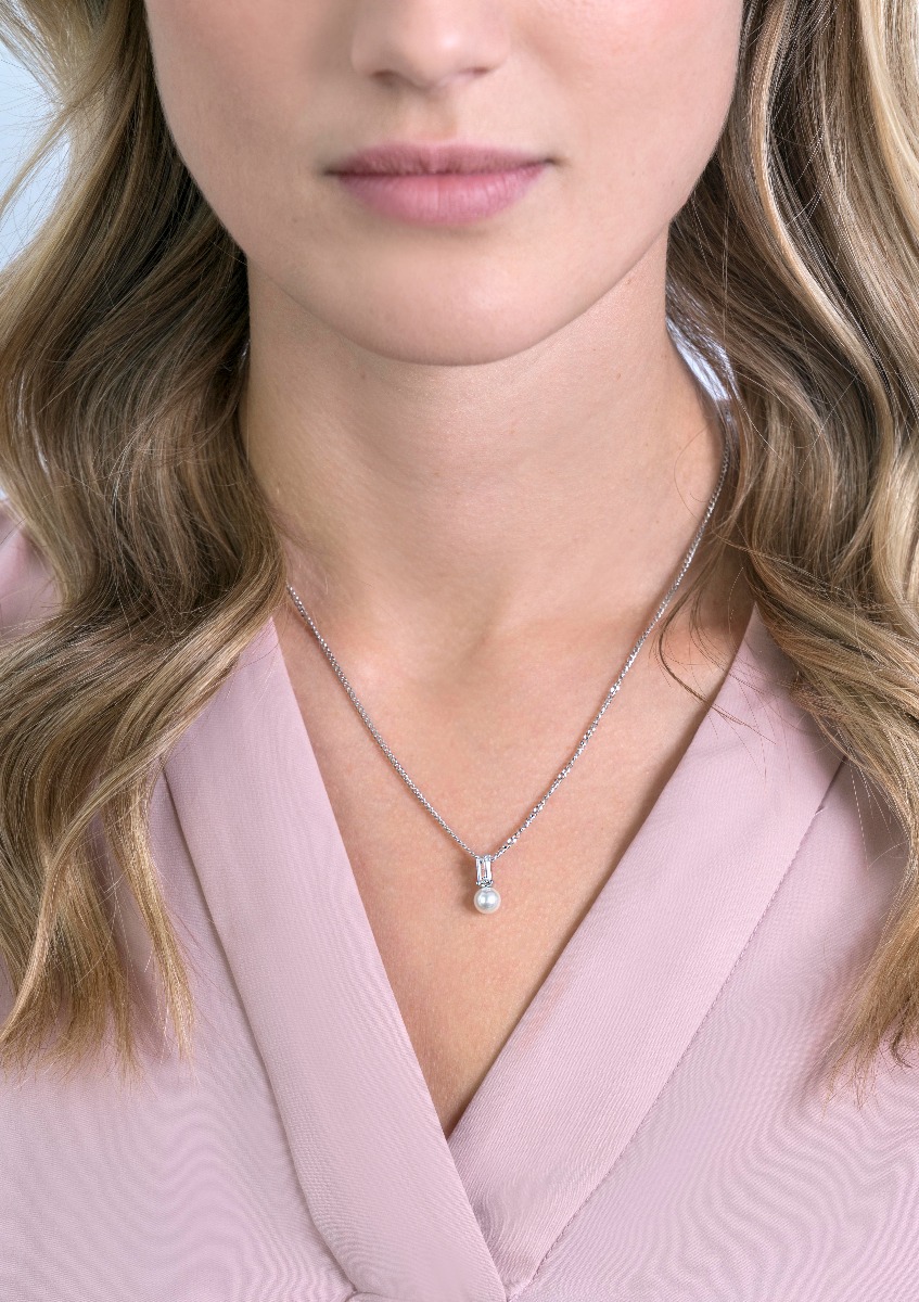 ZINZI zilveren witte parelhanger met witte baquette geslepen zirconia ZIH2135 (zonder collier)