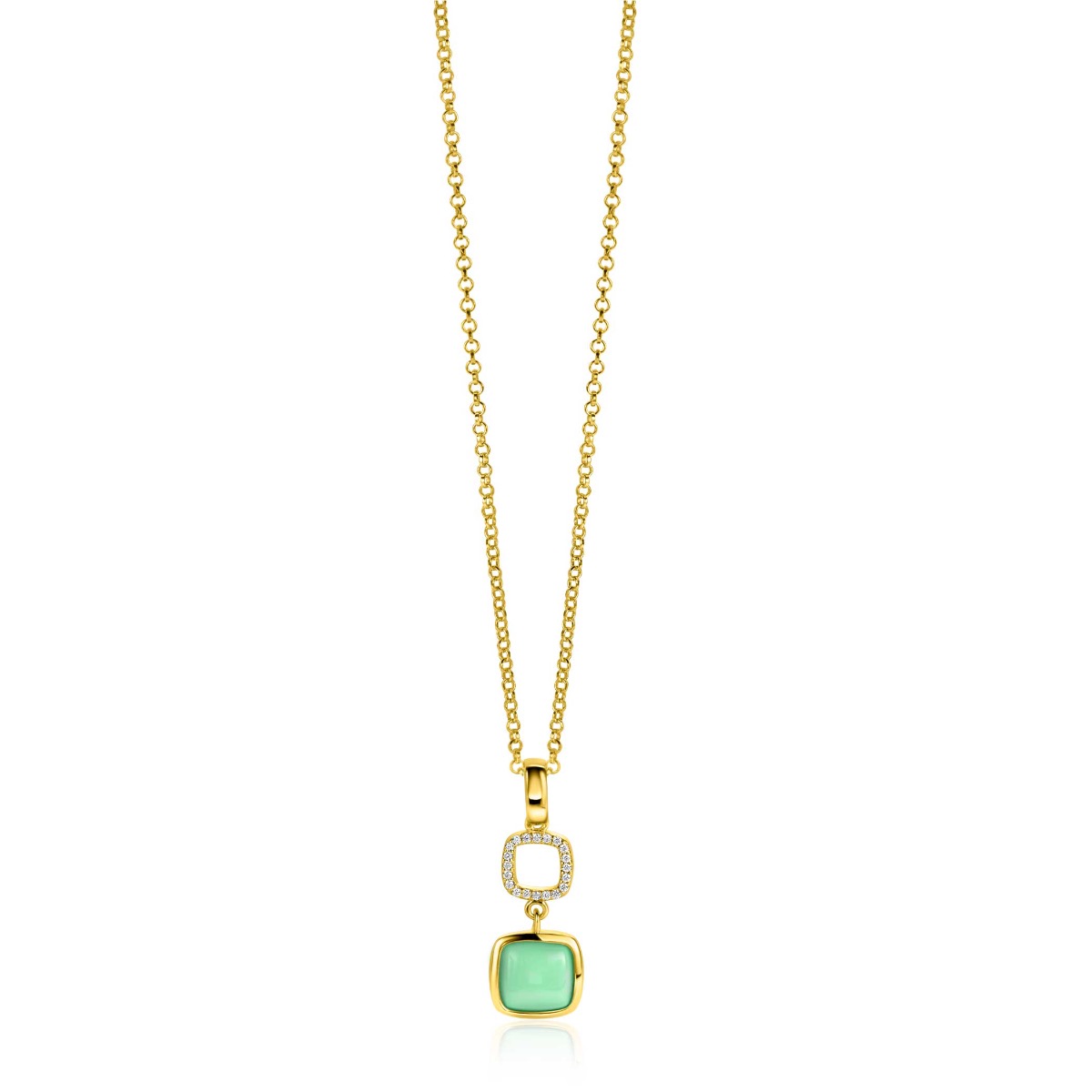 ZINZI gold plated zilveren tweezijdige hanger 30mm vierkant met witte onyx en mintgroene kleursteen ZIH2308 (zonder collier)