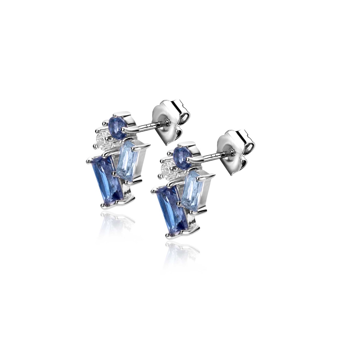 ZINZI zilveren oorknoppen 11mm rond en rechthoeken, bezet met witte en blauwe kleurstenen ZIO2293