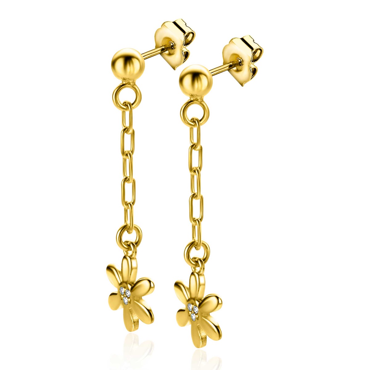 ZINZI gold plated zilveren oorstekers 34mm lang met paperclip schakels en sierlijke bloem ZIO2379
