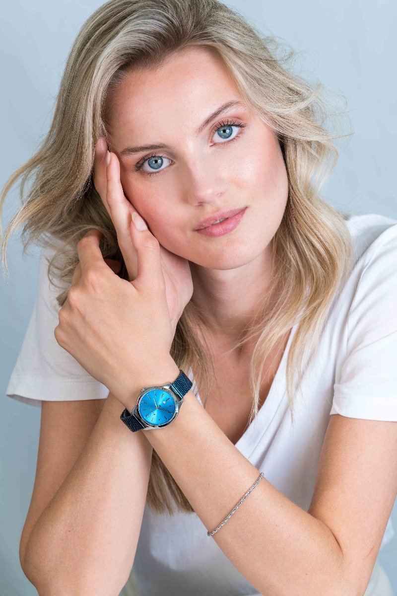 ZINZI Classy horloge 34mm blauwe wijzerplaat stalen kast en blauwe mesh band datum ZIW1042BM
