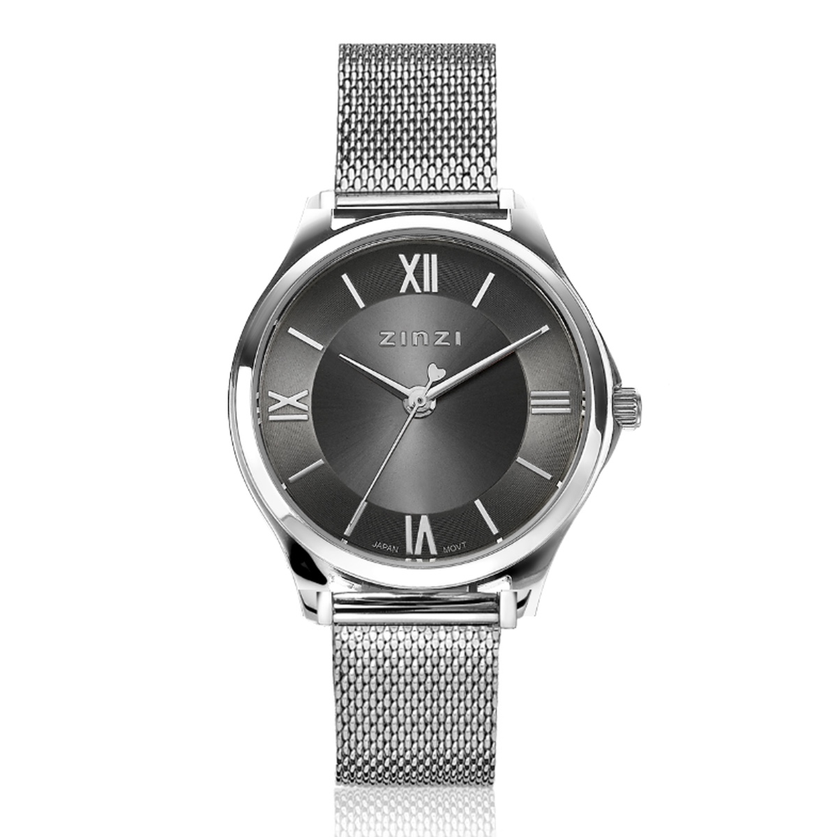 ZINZI Classy Mini horloge 30mm grijze wijzerplaat stalen kast en meshband ZIW1224M
